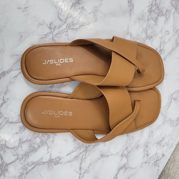 J/SLIDES Tan Leather Sandals Asymmetrical Slip-On Strappy - Picture 4 of 8